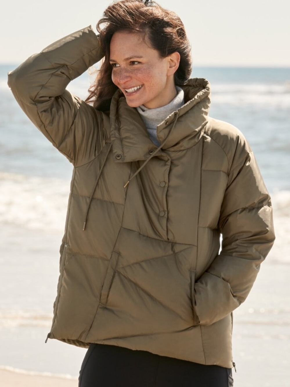 Garnet Hill Cozy Down Pullover Puffer Jacket Olive Green Relaxed Fit